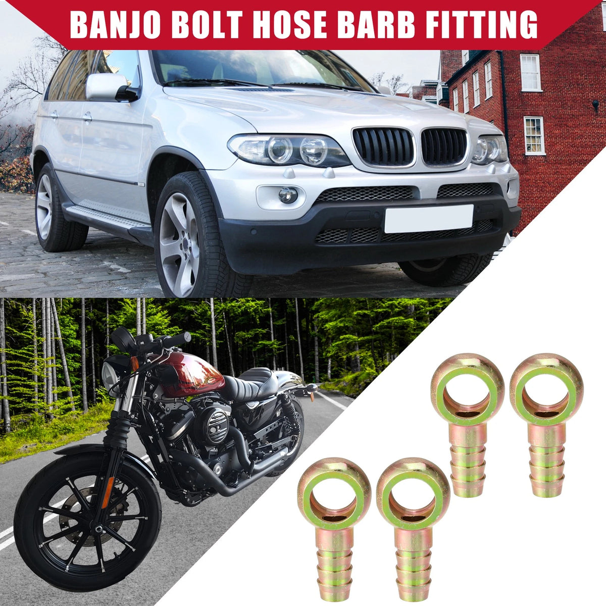Banjo Bolt Hose Barb Fitting 4 x 16mm ID 14mm OD for Car Motorcycle