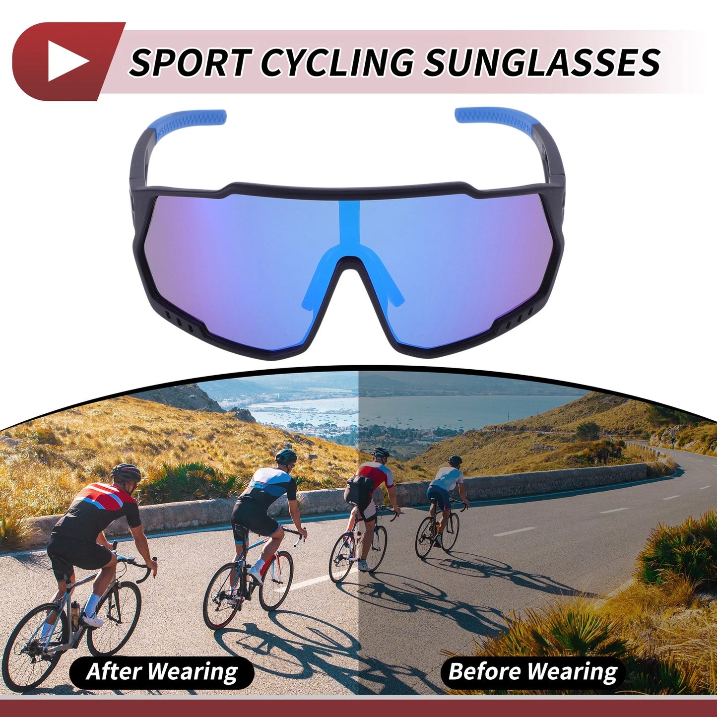 Motorcycle Riding Goggles Blue Lens Black Frame PC Outdoor Sports Sunglasses