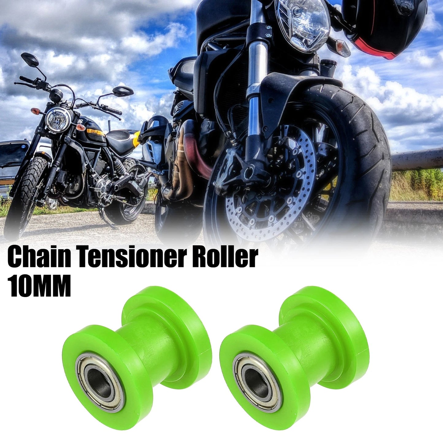 2 x 10mm Drive Chain Pulley Tensioner Rubber Wheel for Motorcycle Green