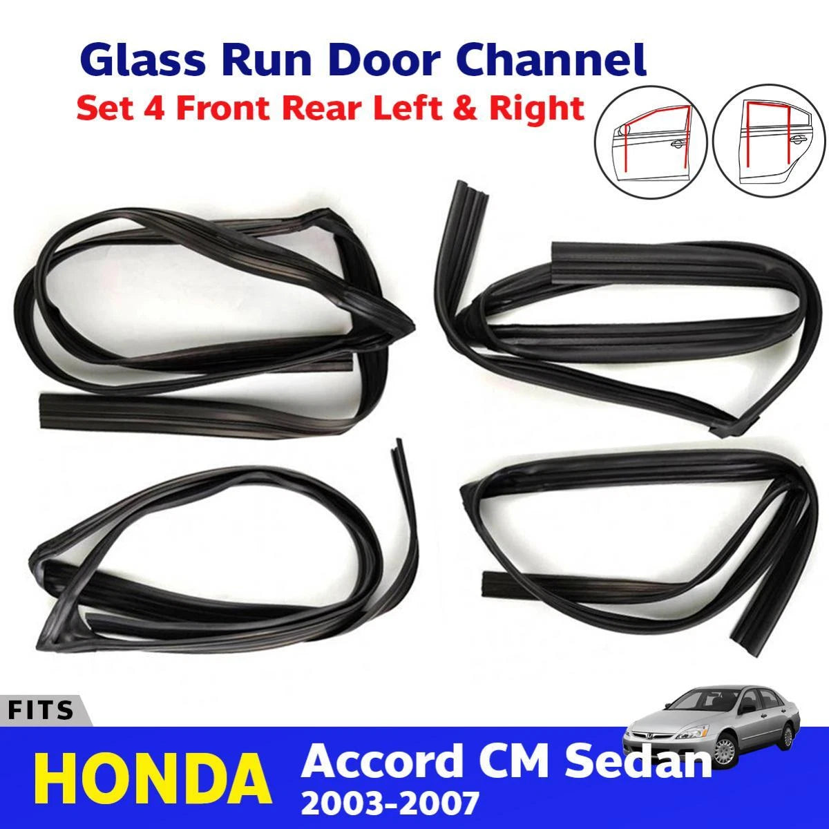 Glass Run Door Channel Weatherstrip Set 4 Fits Honda Accord 4D Sedan 2003-05 D05