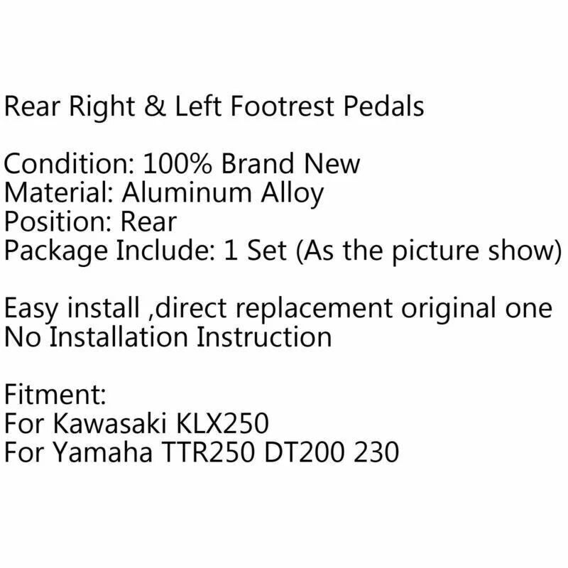 Rear footrests for Kawasaki KLX250, Yamaha TTR250, DT200, 230 F2 (2000-2023)