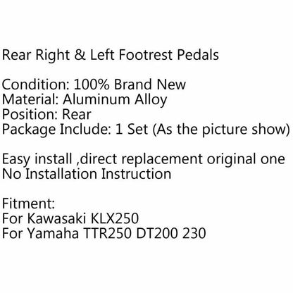 Rear footrests for Kawasaki KLX250, Yamaha TTR250, DT200, 230 F2 (2000-2023)