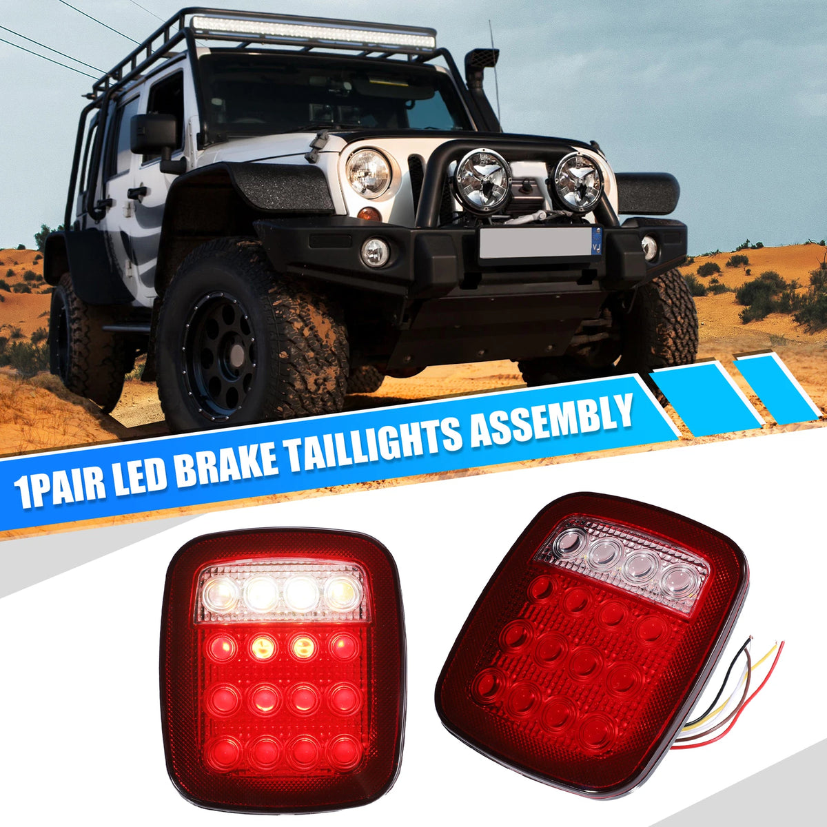Red LED Bar Tail Lights  Square Brake Turn Signal for Jeep Wrangler