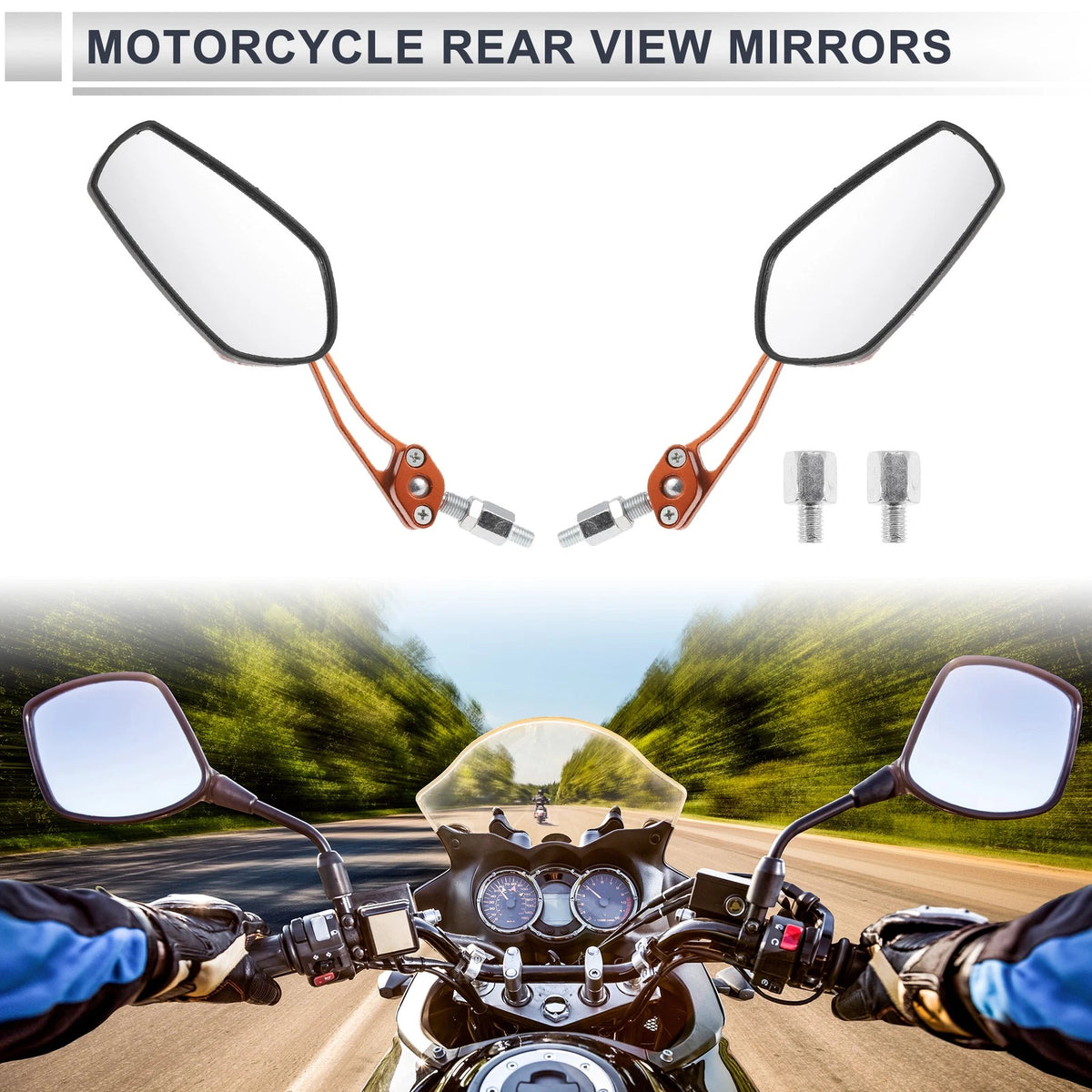 Rear View Mirrors M8/M10 Orange Aluminum Alloy Plastic 1 Set