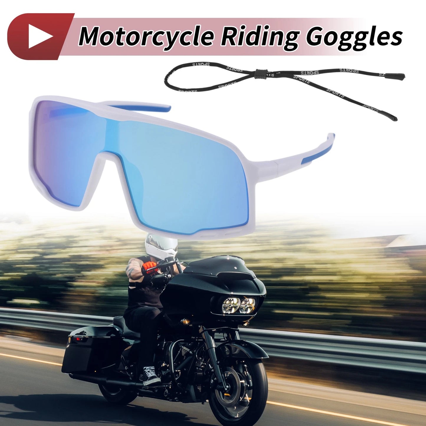 Set Motorcycle Riding Goggles Blue Lens White Frame PC UV400