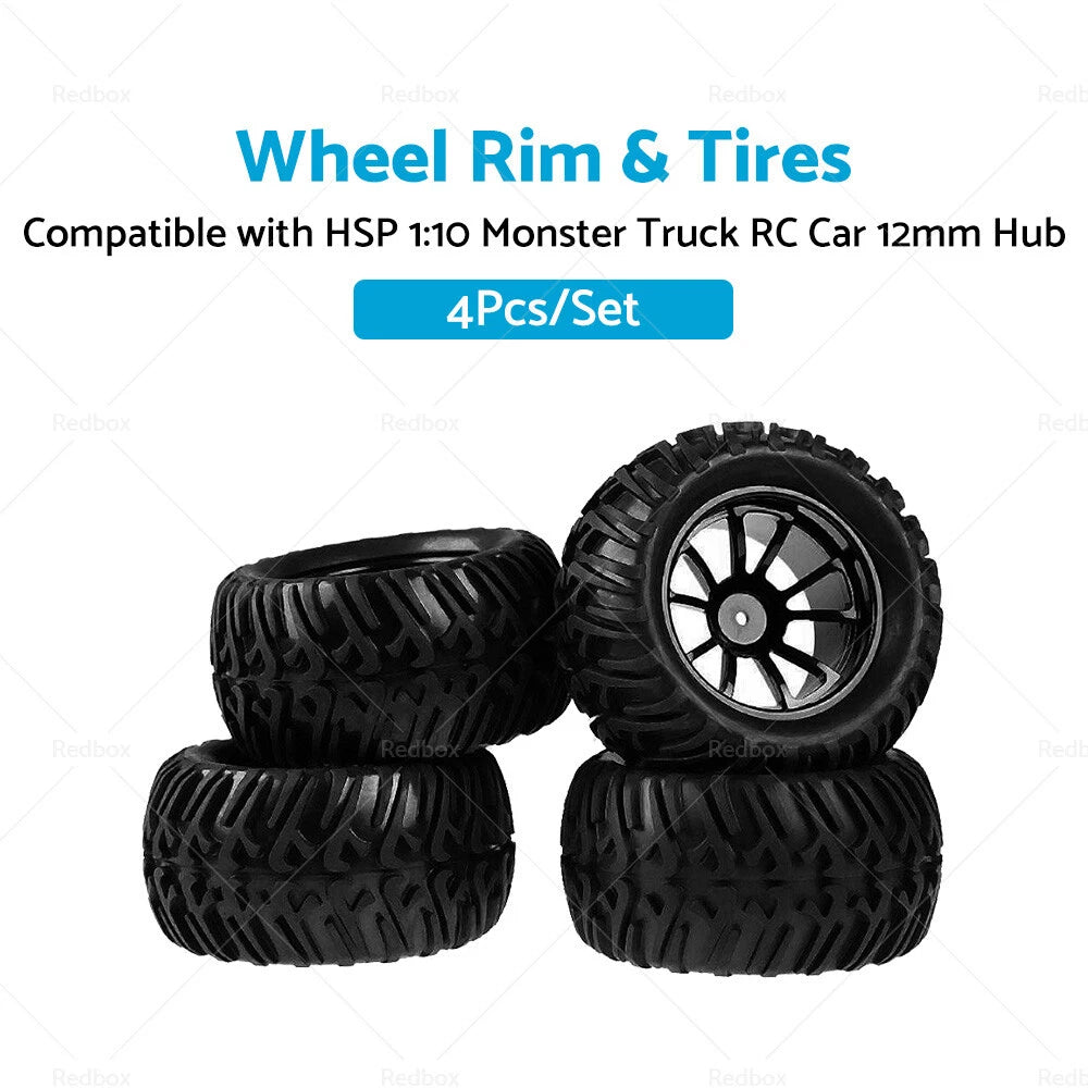4x Wheel Rim & Tires for HSP 1:10 Monster Truck RC Car