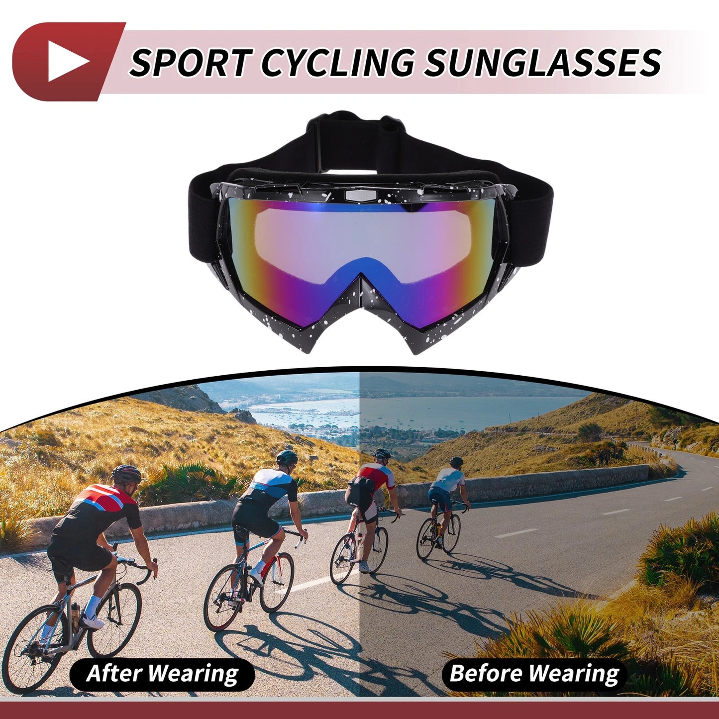 Motorcycle Riding Goggles Blue Lens Black White Frame TPU Cycling Sunglasses