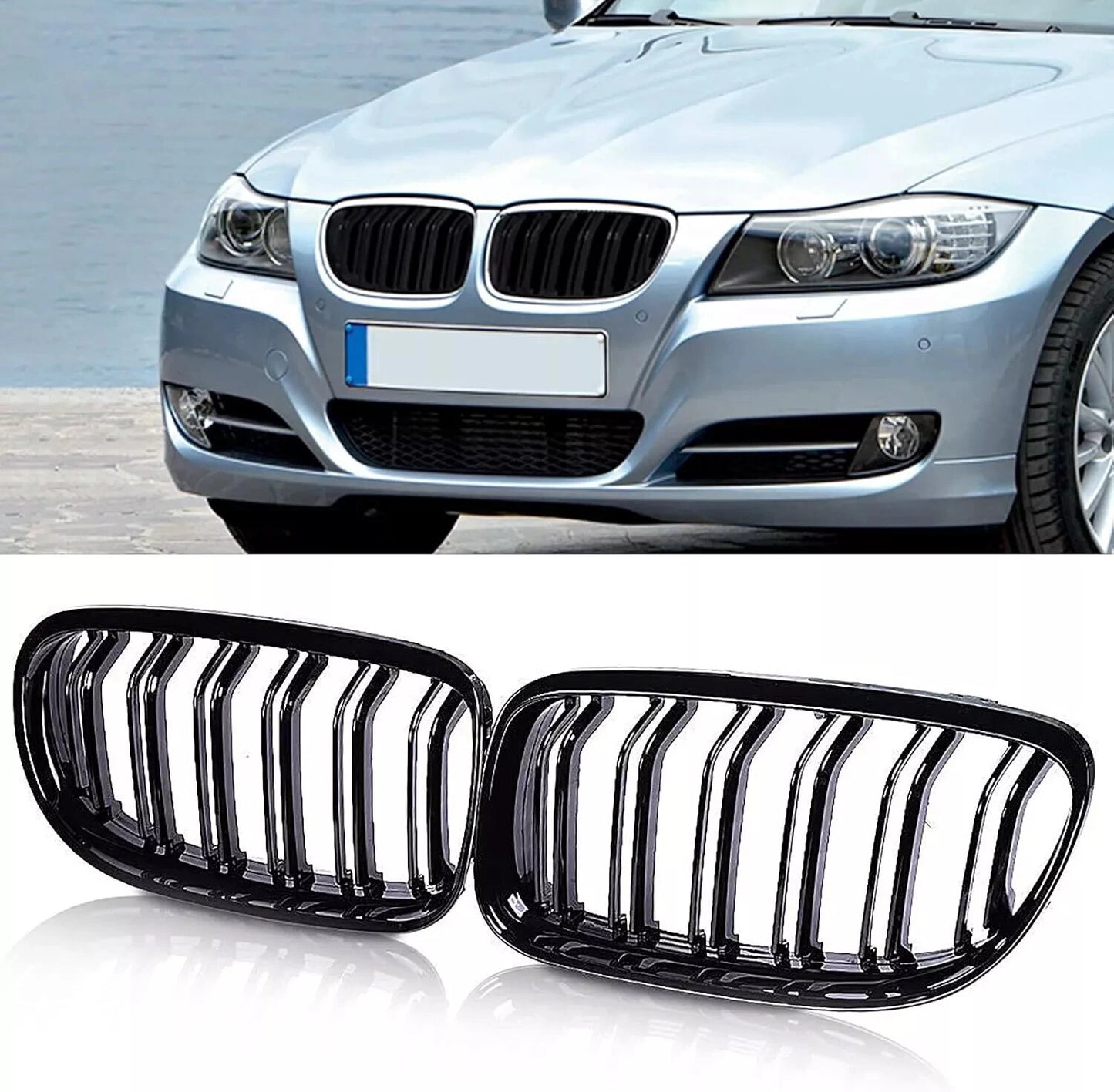 Gloss Black Front Kidney Grilles for BMW 3 Series E90 E91 (2008-2011)