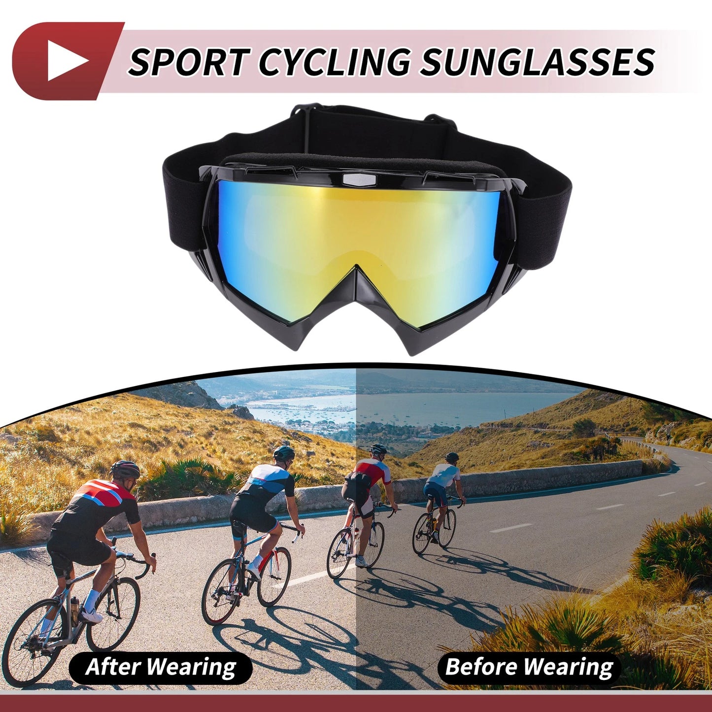 Motorcycle Riding Goggles Colorful Lens Black Frame TPU Cycling Sunglasses
