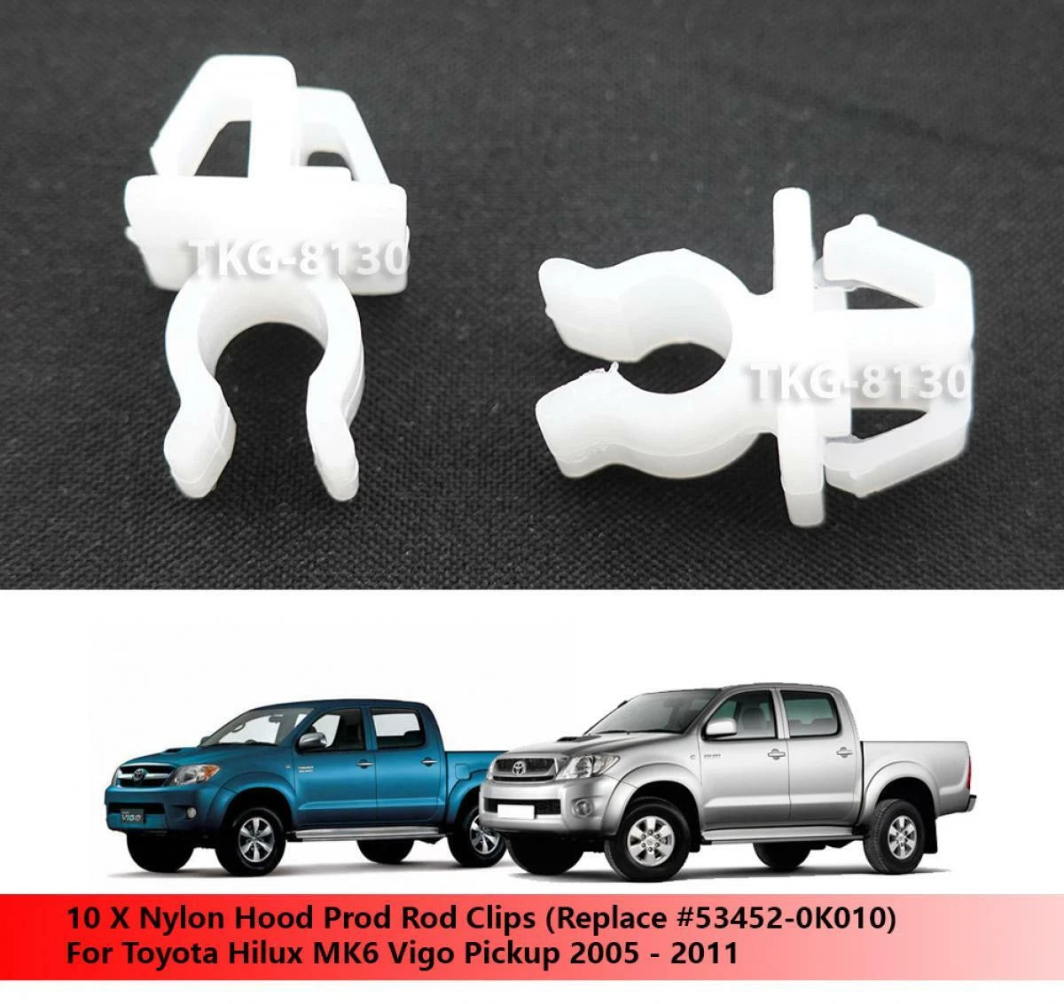 10 x Hood Rod Clips for Toyota Hilux MK6 (2005-2011)