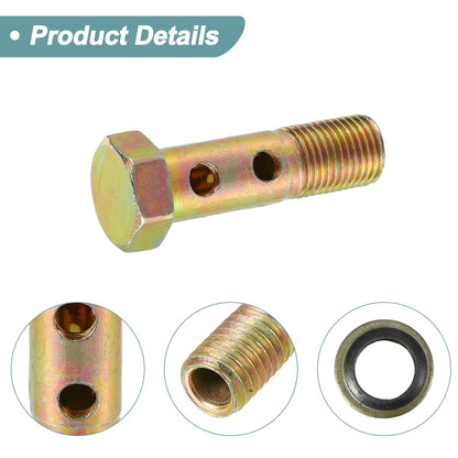 2 x M10x1 38mm Length 6 Hole Hollow Bolt Screws with Washer Set for Motorcycle