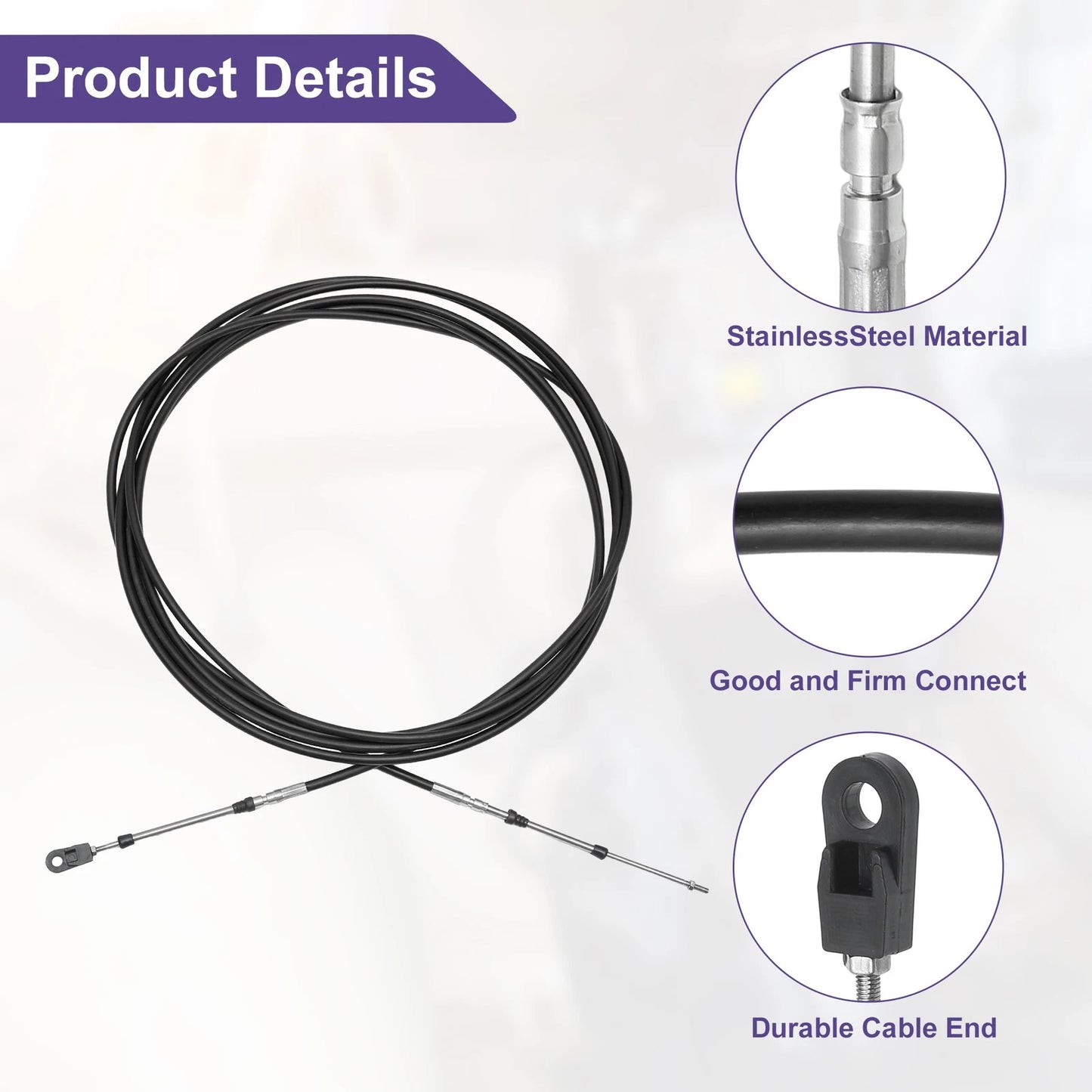 Throttle Control Cable 2 x 700cm 24ft Black with Fastening Head for Marine