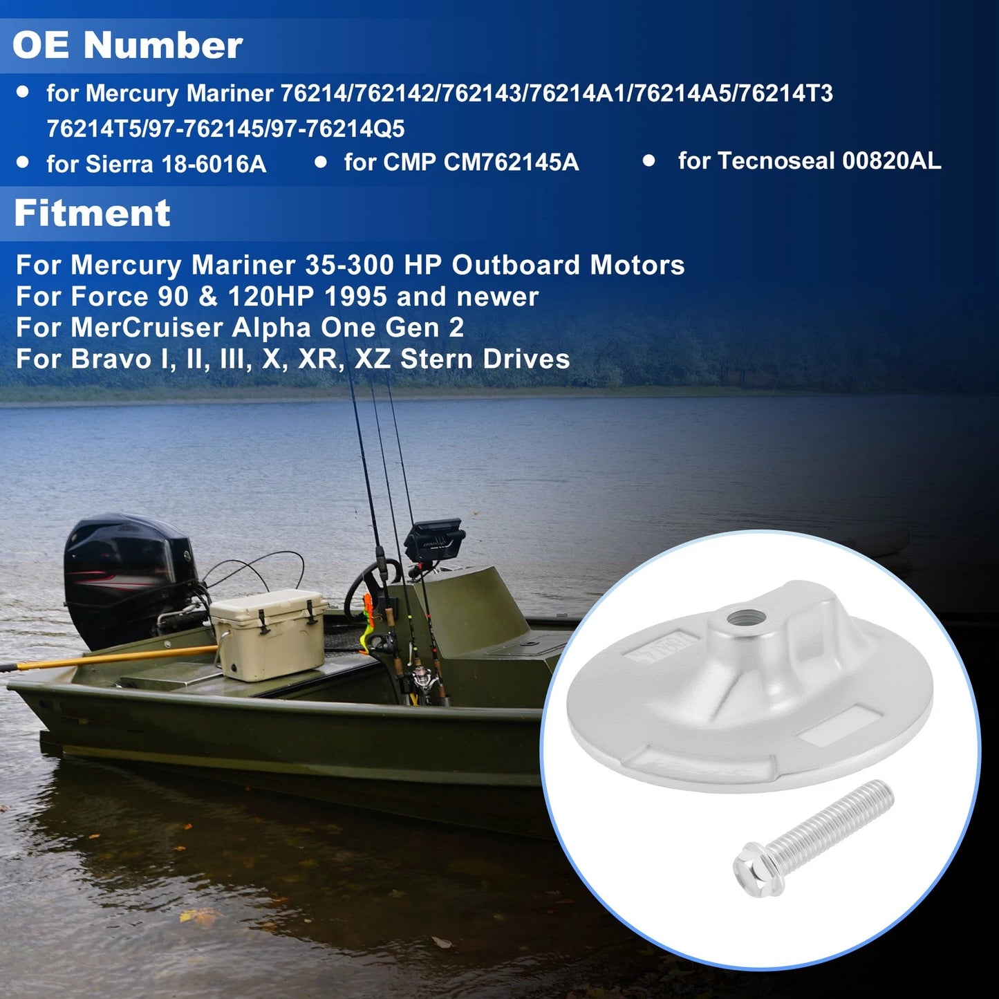 Boat Motor Trim Tab Anode for Mercury Mariner 35-300 HP Outboard Motors