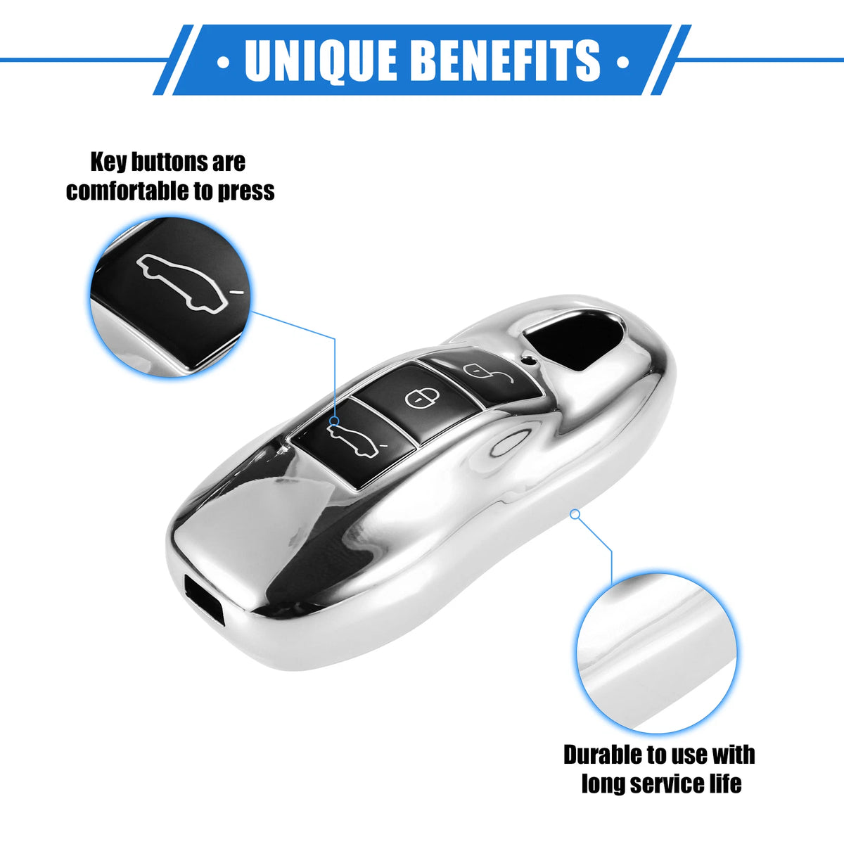 3-Button TPU Car Remote Key Fob Cover for Porsche Macan (2014-2022) Silver Tone