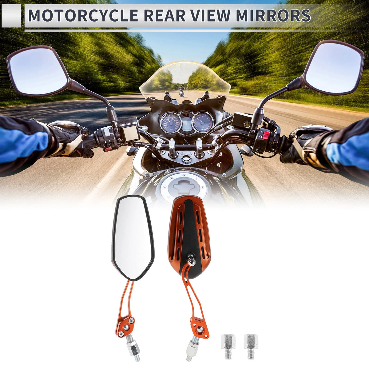 Rear View Mirrors M8/M10 Orange Aluminum Alloy Plastic 1 Set