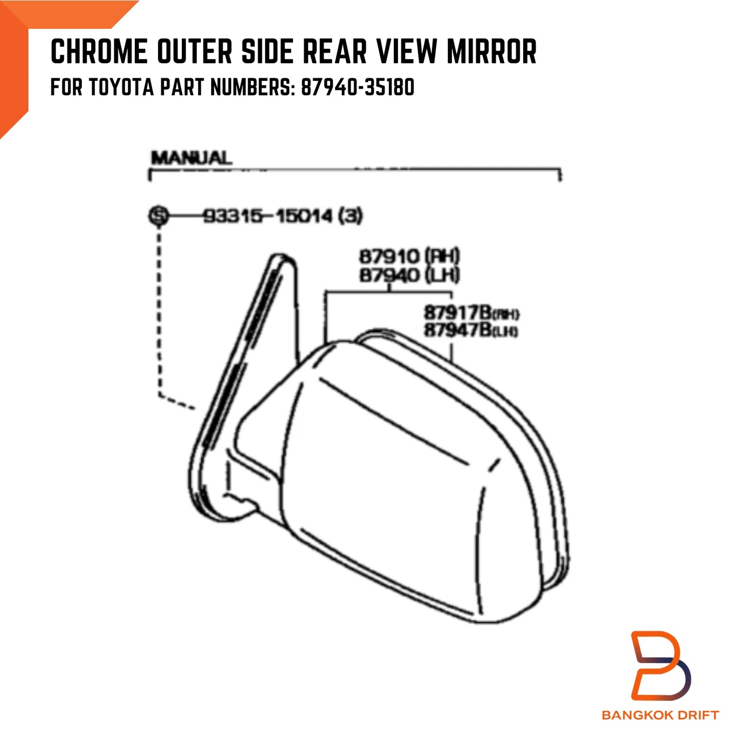 Chrome Door Mirror LH for Toyota Hilux LN106 4WD Ute 4Runner Surf (1988-1997)