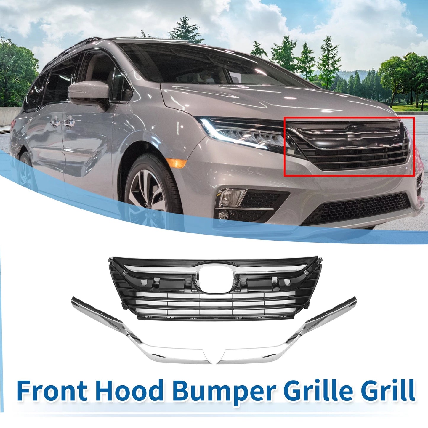 Front Upper Bumper Grille for Honda Odyssey (2018-2020) Chrome Silver Tone