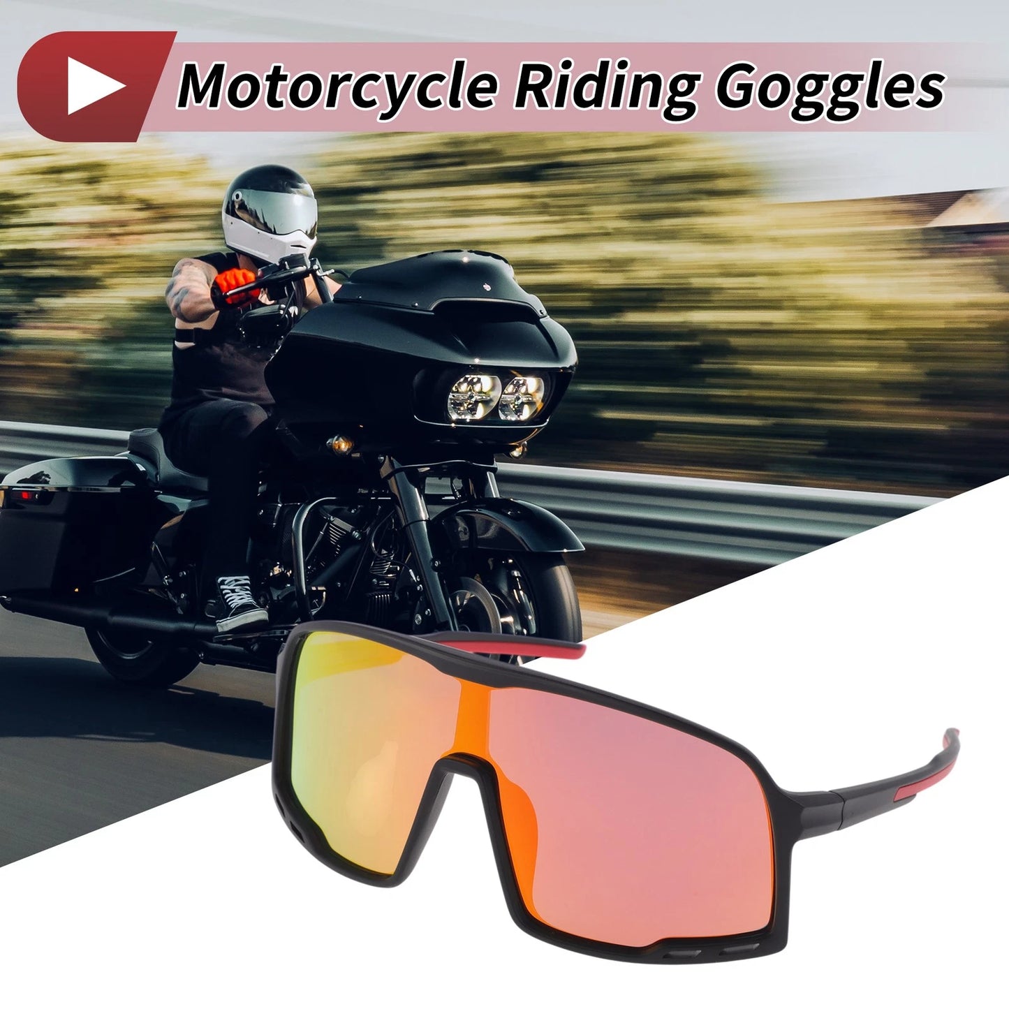 Set Motorcycle Riding Goggles Red Lens Black Red Frame PC UV400