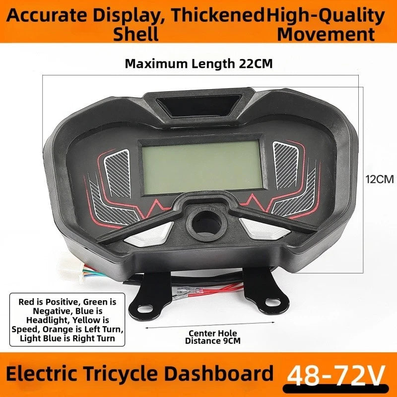 LCD Voltage Meter and Speedometer 48V 60V 72V for Electric Tricycle Front Mount