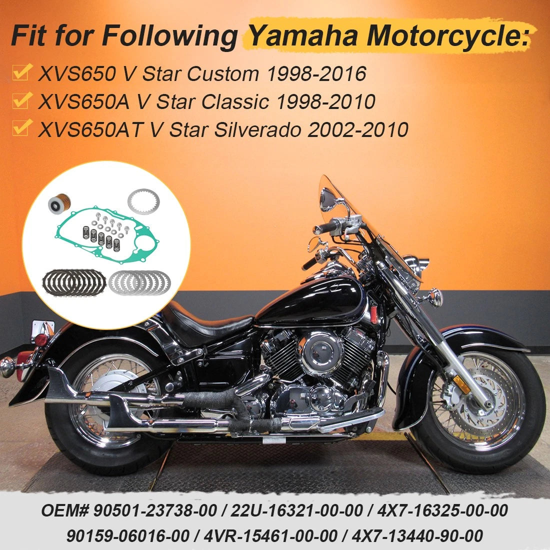 Clutch Friction and Steel Plates Gasket for Yamaha XVS650 VStar 650(1998–2016)