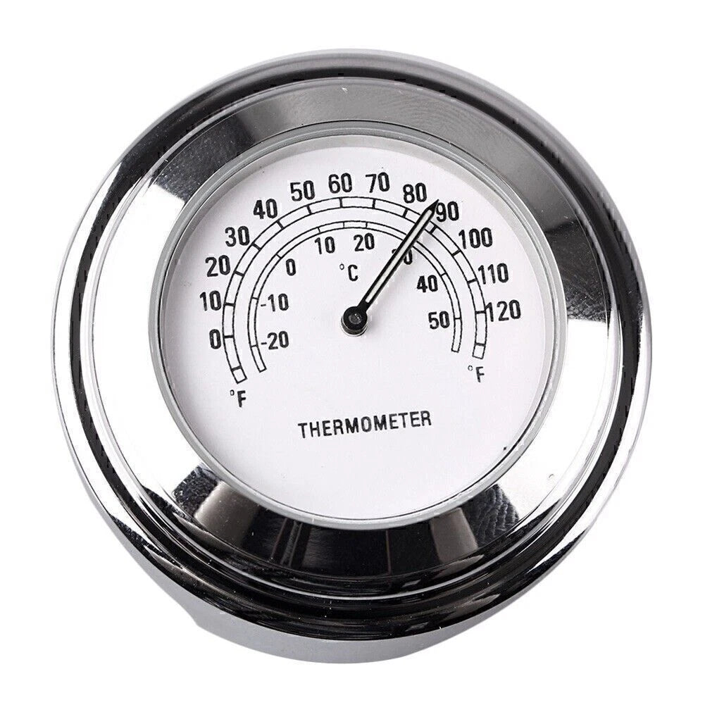 7/8" Handlebar Temp Dial Clock Thermometer for Motorcycle Chrome White