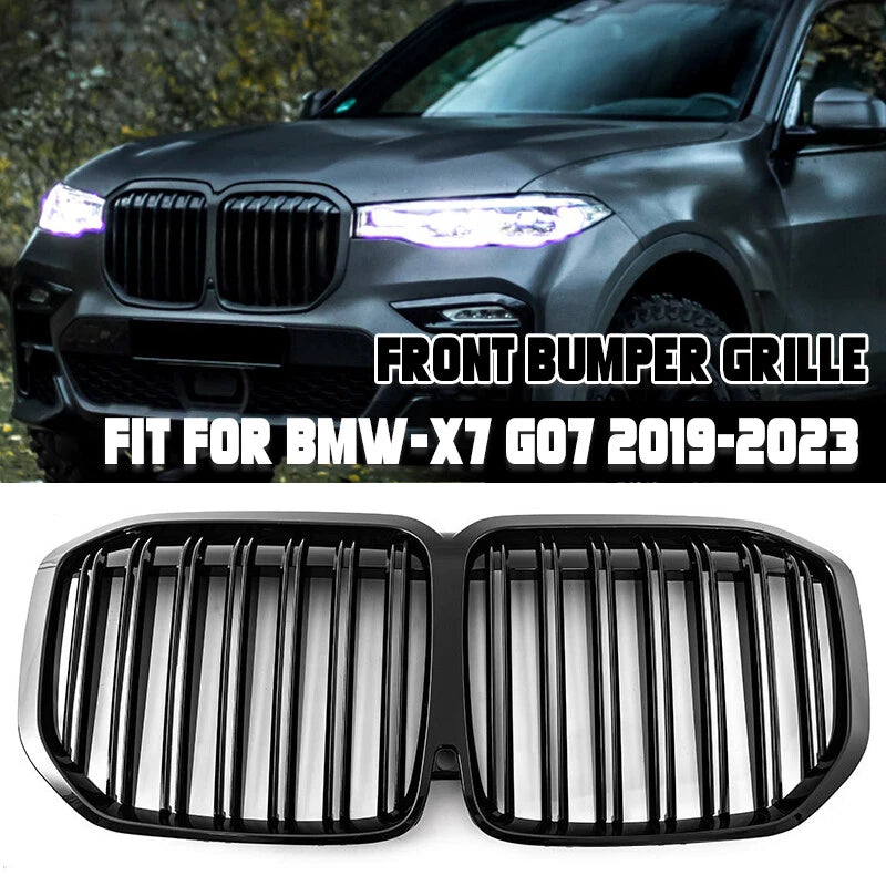 Dual Slats Front Bumper Kidney Grille for BMW X7 G07 M50i 2019-2022 Gloss Black