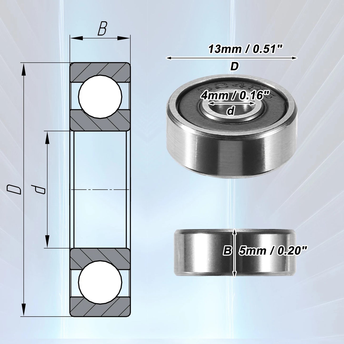 2 x 4x13x5mm Double Rubber Shield Auto Deep Groove Ball Bearings