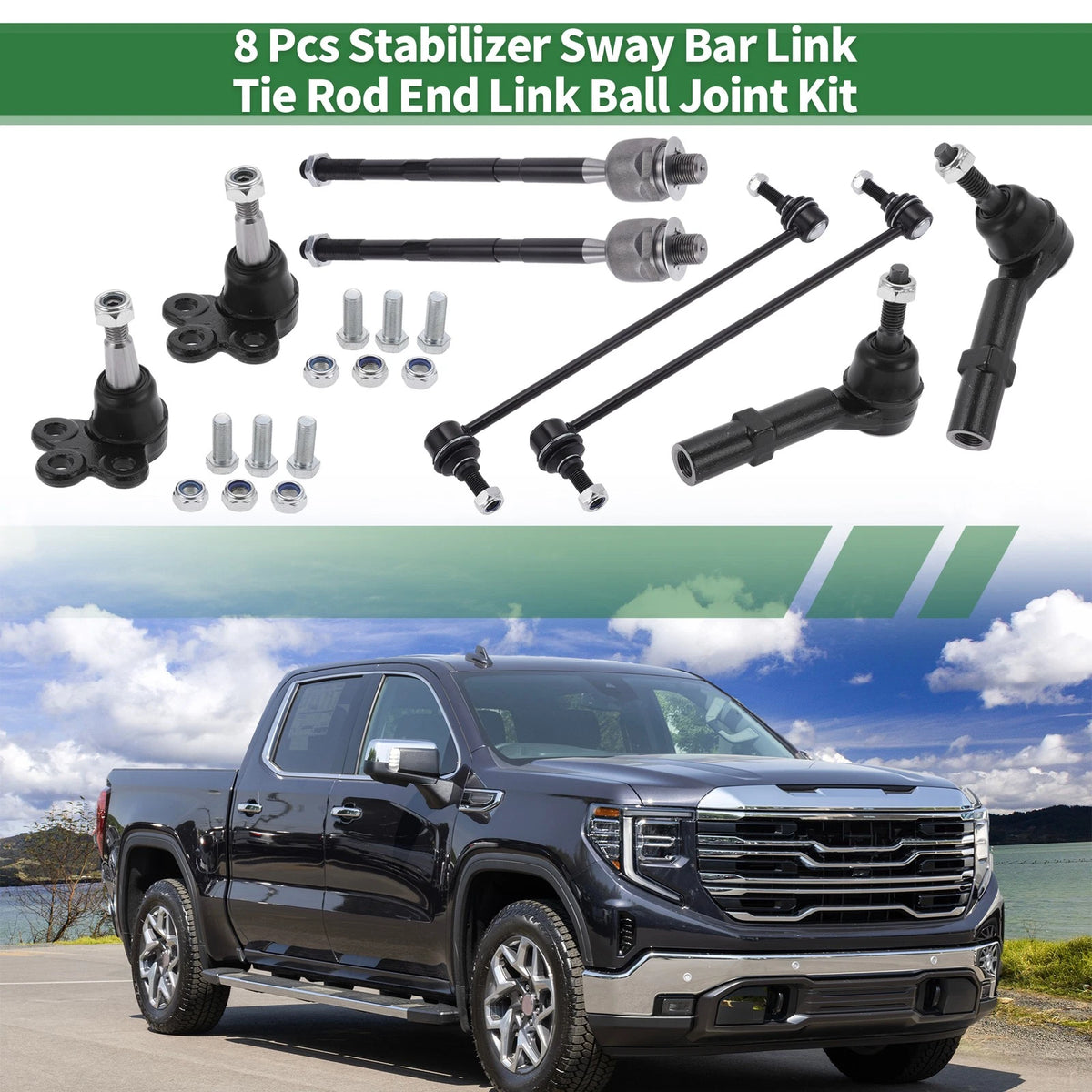 8 Pcs Suspension Kit Inner Outer Tie Rod Ends Sway Bar Link Ball Joint for GMC