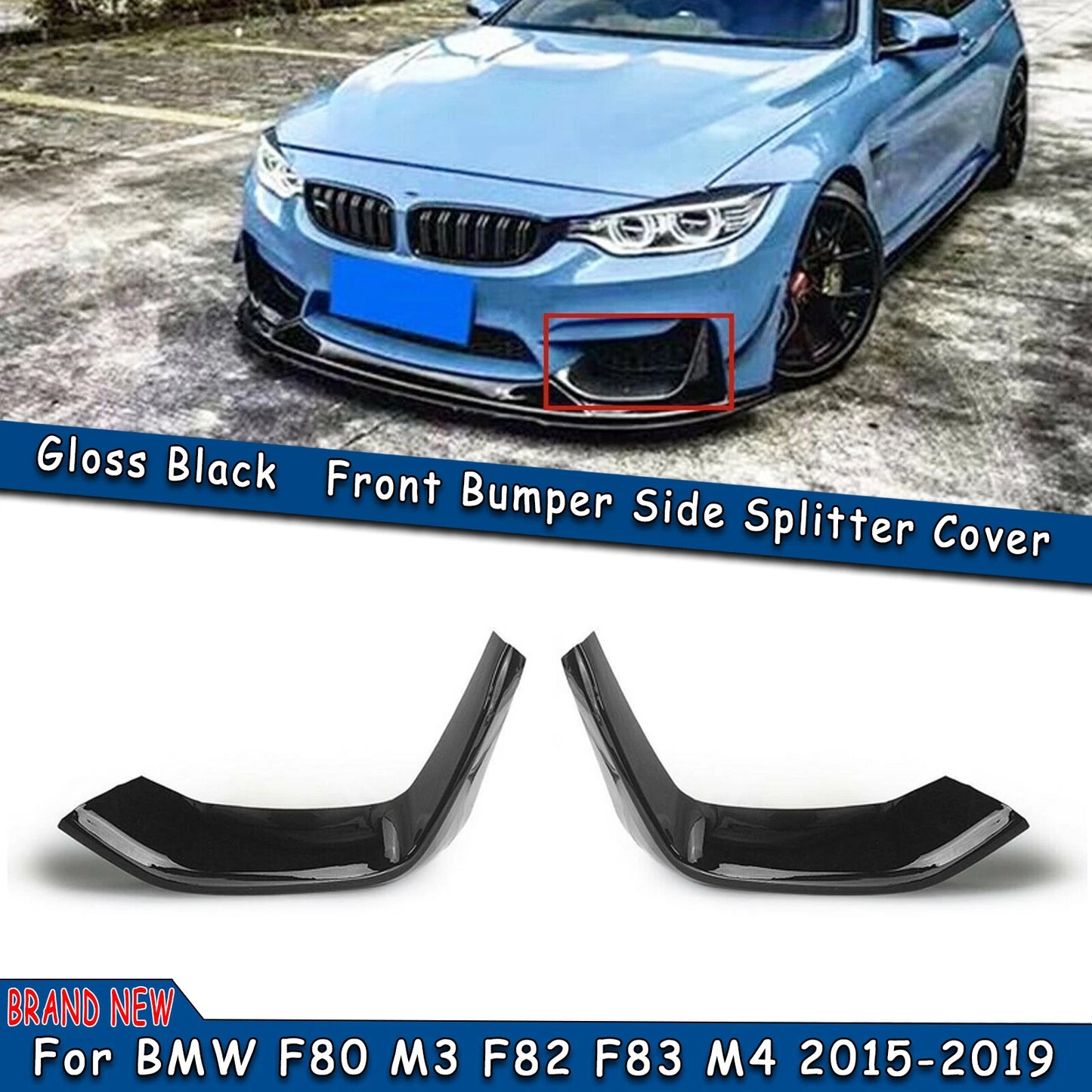 2 x Gloss Black Front Bumper Side Spoiler Covers for BMW F80 M3 F82 F83 M4 (2015-2020)