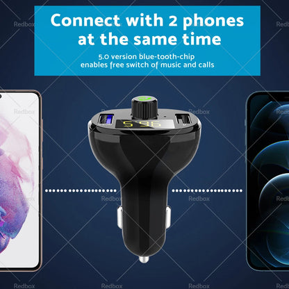 Wireless FM Transmitter Bluetooth 5.0 Car Kit with Dual USB Charger & MP3 Player