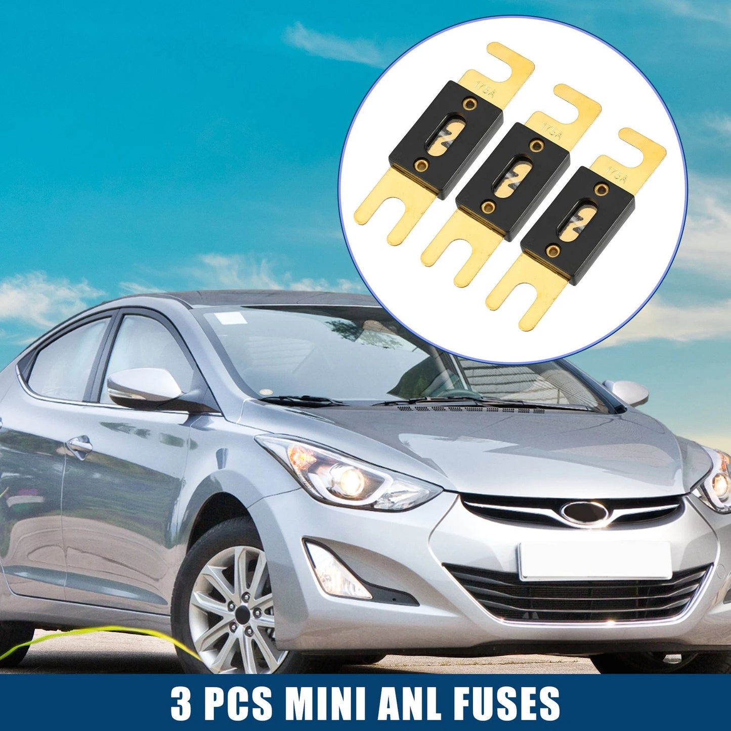 3 x Mini ANL 175A Fuses for Car, Motorcycle, Boat - Gold Tone, Black