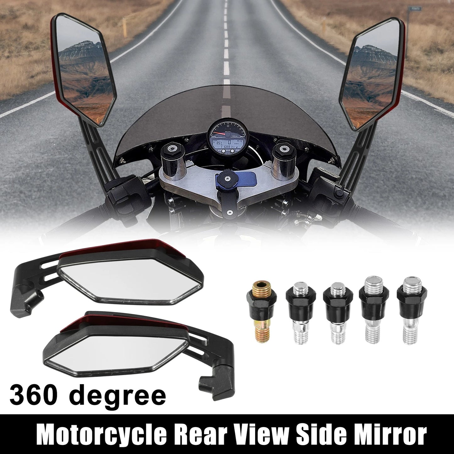 2 x 360 Degree Rotary Rearview Mirror Set for Universal Red Motorcycle