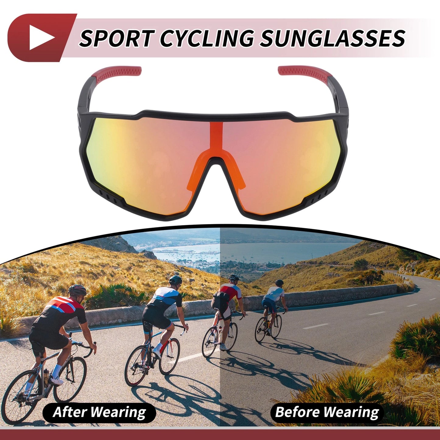 Motorcycle Riding Goggles Red Lens Black Frame PC Outdoor Sports Sunglasses