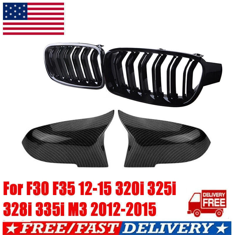 4PC Kidney Grills & Carbon Fiber Mirror Caps for BMW F30 320i 328i (2012-2018)