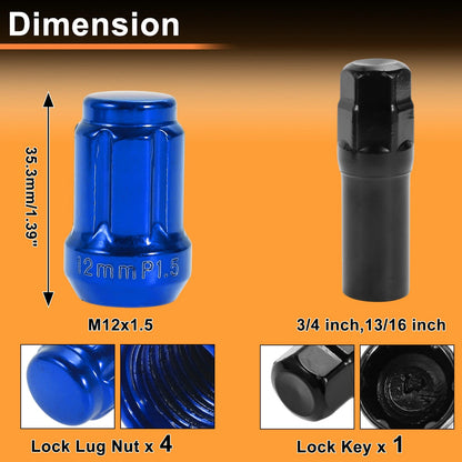 M12x1.5 Tire Wheel Locking Nut with 1 Socket Key for Blue Honda Toyota