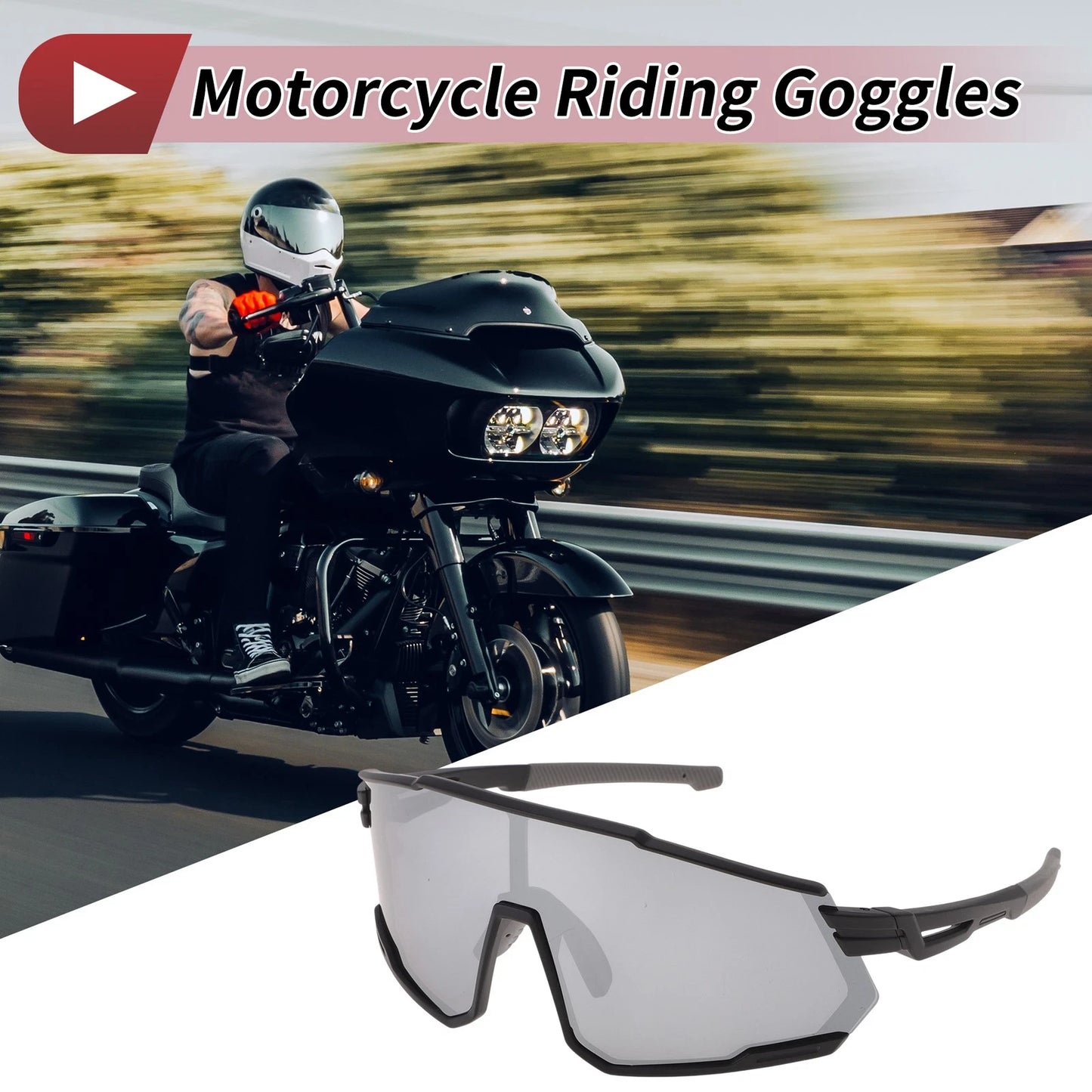 Goggles for Motorcycle Riding - Silver Tone Gray Lens, Black Frame Cycling Sunglasses