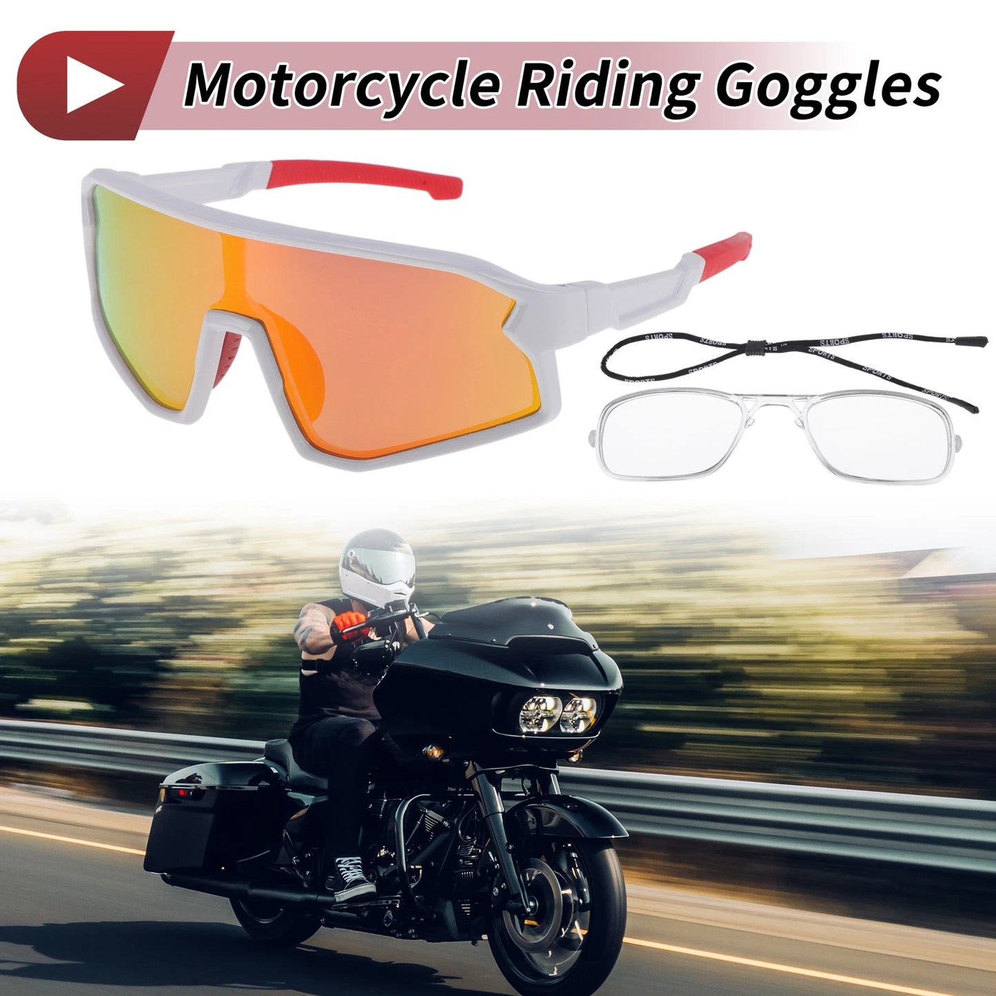Motorcycle Riding Goggles Red Lens White Red Frame PC Tri-Acetyl Cellulos UV400