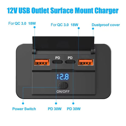 12V USB Outlet 4-Port Car Charger with Dual PD3.0 & QC3.0