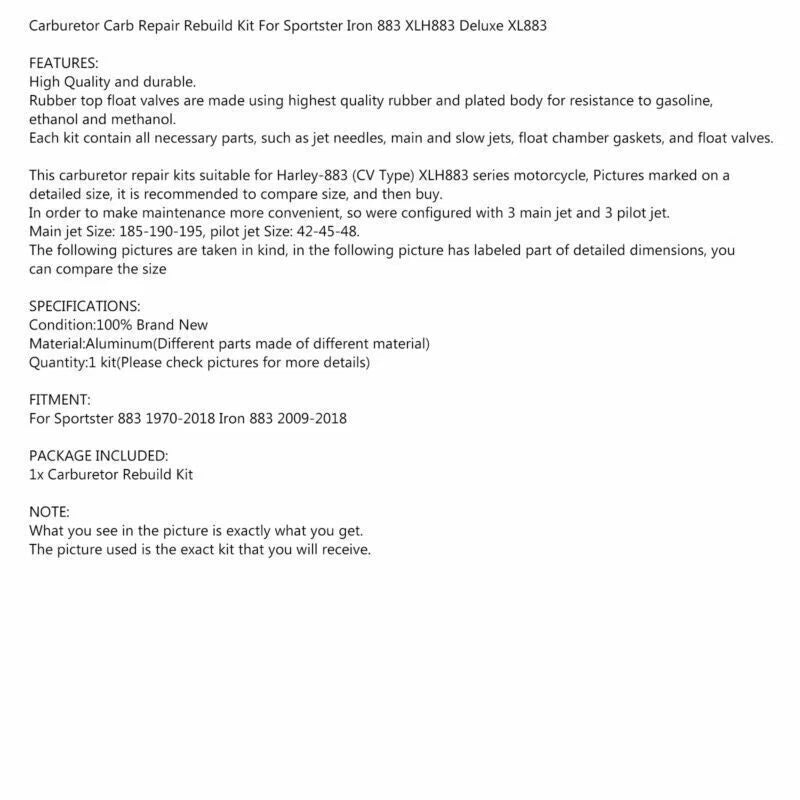 Carburetor Repair Kit for Harley Sportster Iron 883 XLH883 XL883 (2004-2023)