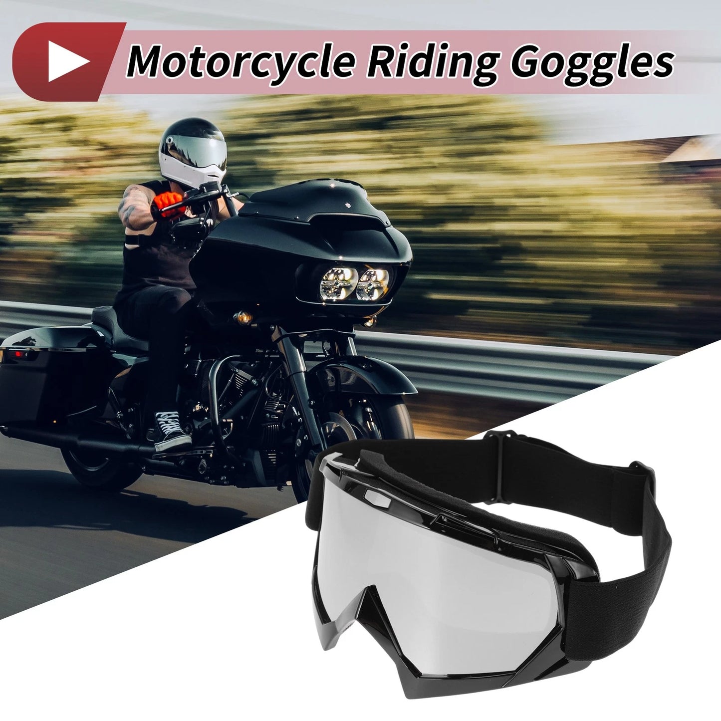 Motorcycle Riding Goggles Silver Tone Lens Black Frame TPU Cycling Sunglasses