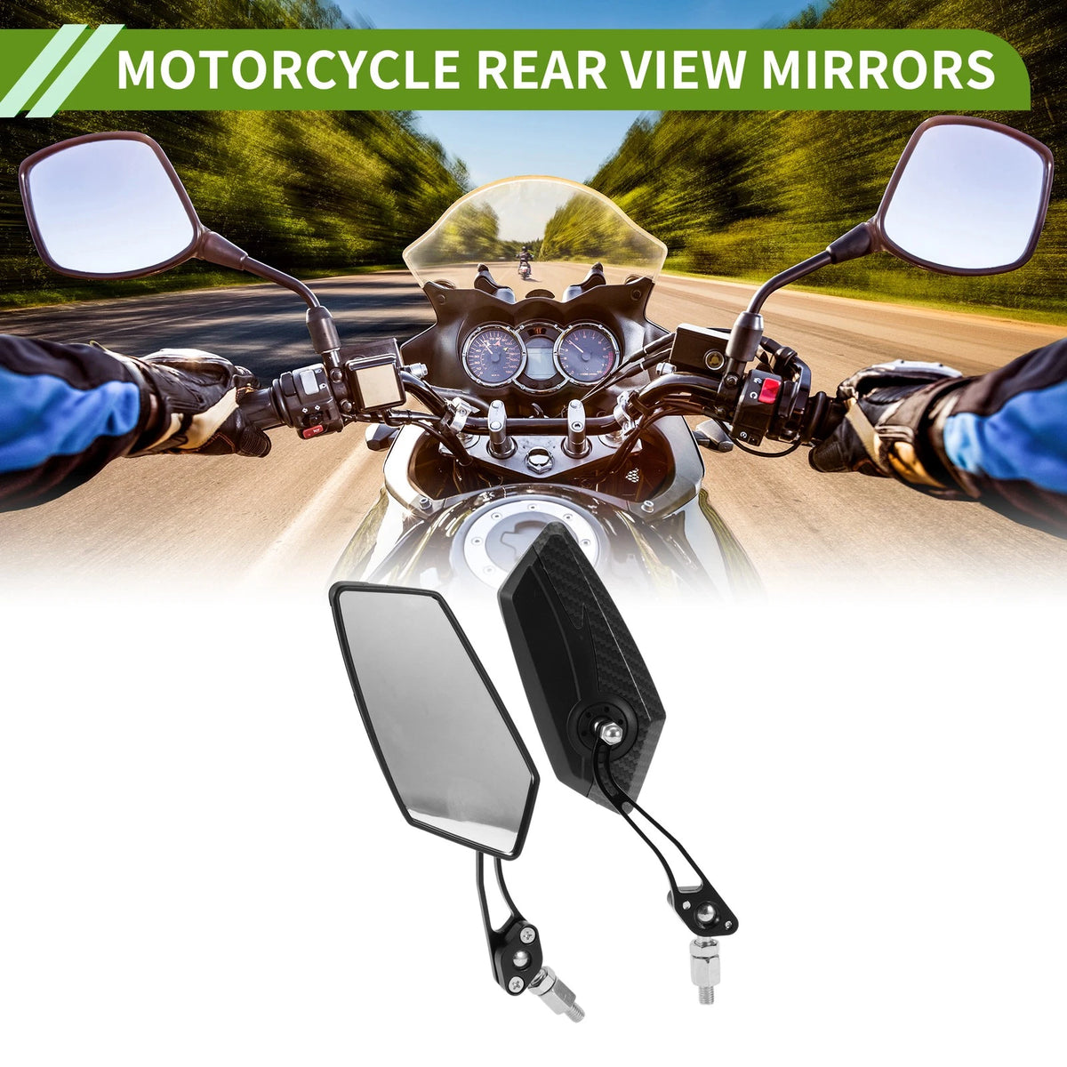 M8/M10 Rear View Mirror Polygonal Shape Black Carbon Fiber for Motorcycle