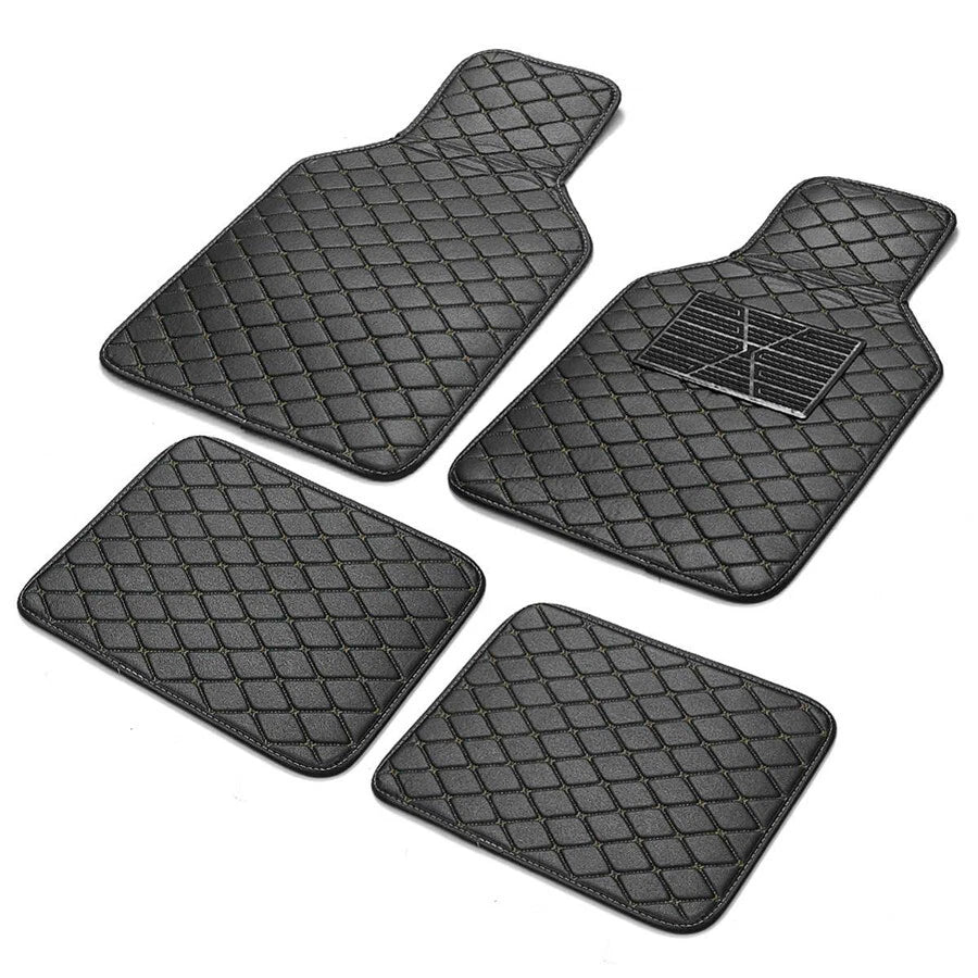 4Pcs Universal Waterproof PU Leather Car Floor Mats Black & Beige