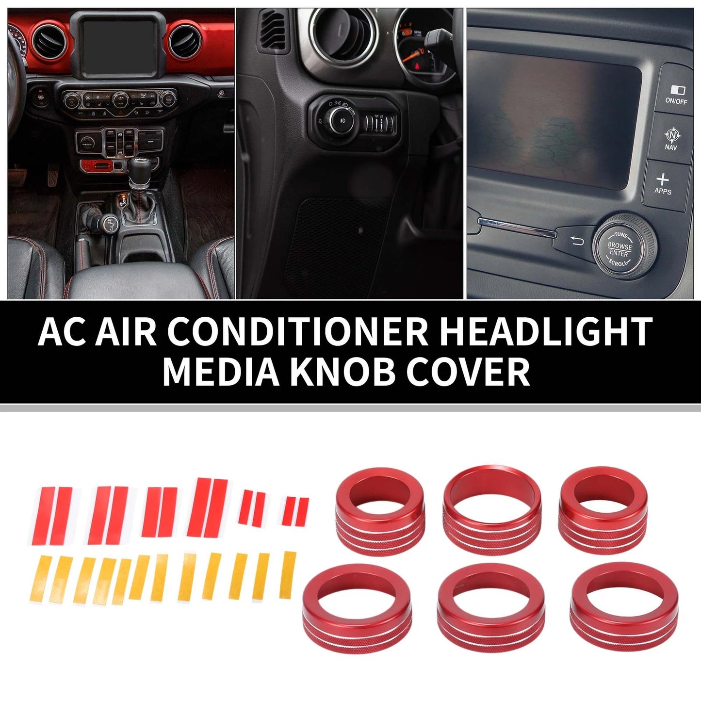 AC Headlight Media Switch Knob Cover Ring for Jeep Wrangler (2018-2023) 6 x Pcs