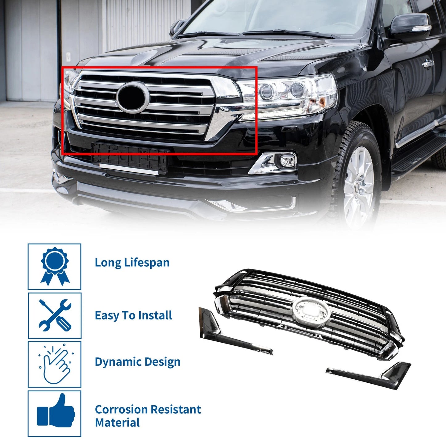 Front Upper Bumper Grille for Toyota Land Cruiser (2016-2023) Chrome Silver Tone