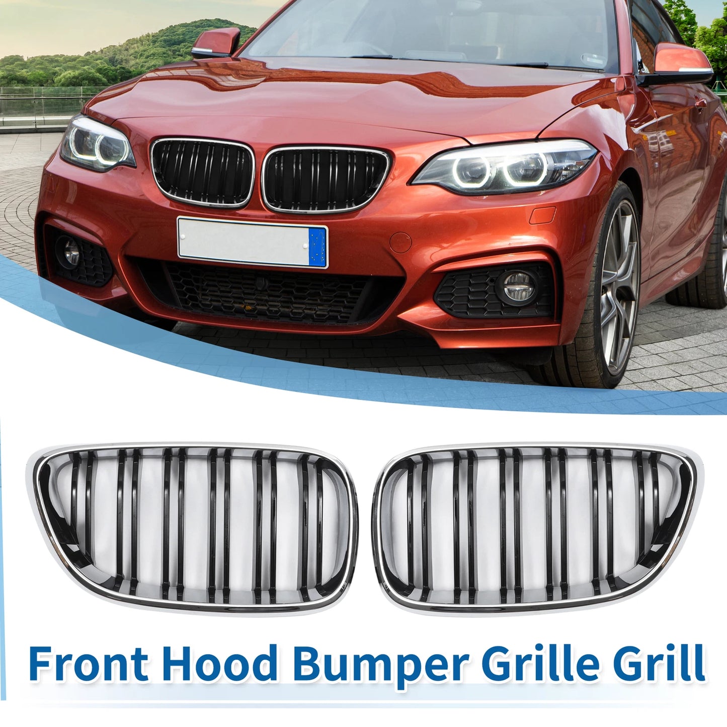 Front Upper Bumper Grille for BMW 2 Series F22 Chrome Silver Tone (2014-2021)