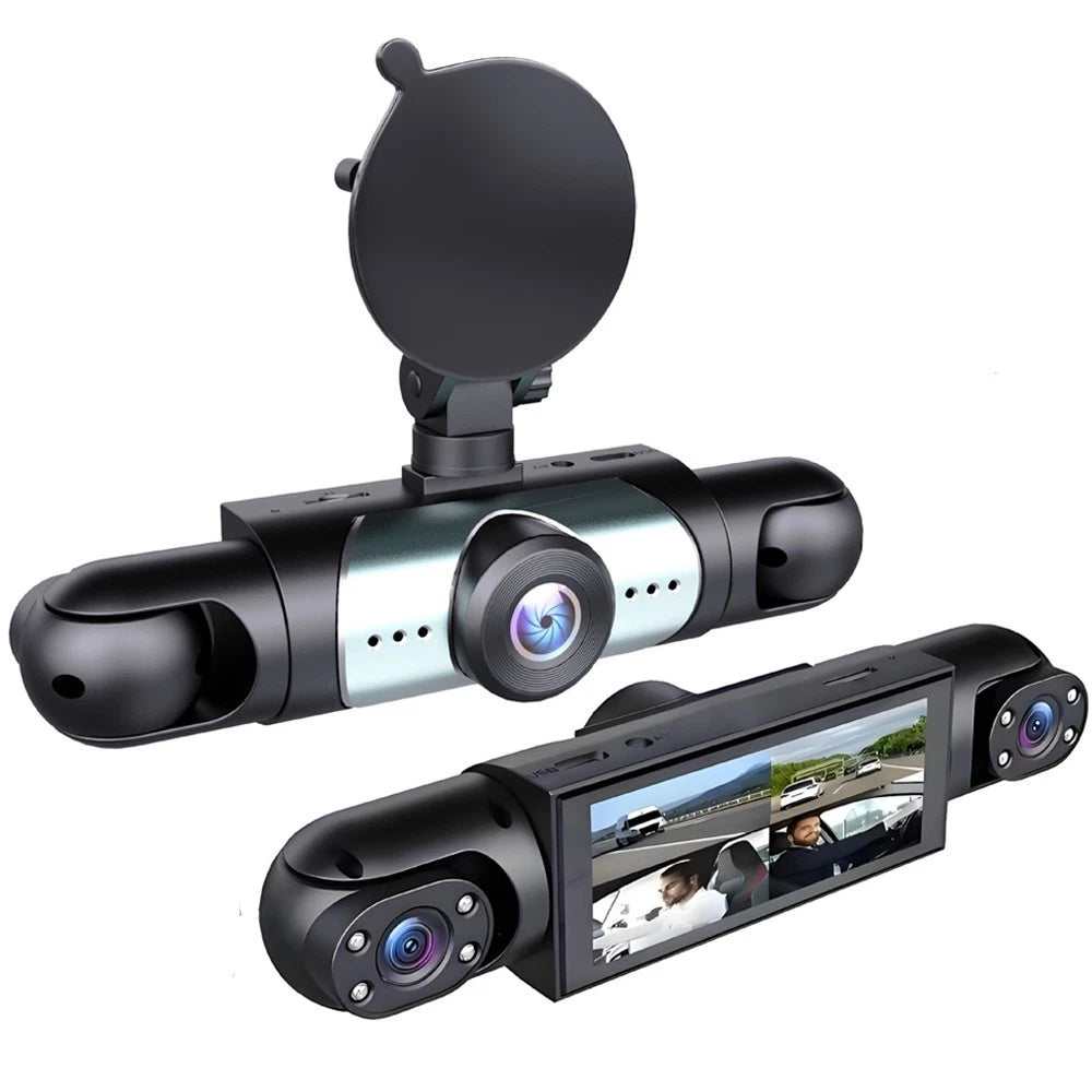 3 Channel 1080P HD Dash Cam for Car Front & Inside w/ 64GB Card