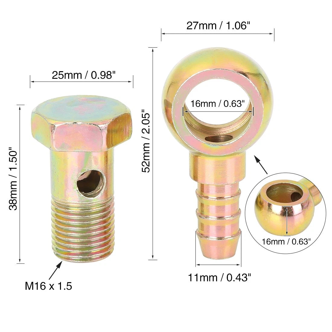 2 x Banjo Hose Barb Bolt Fittings 16mm for Motorcycle Car