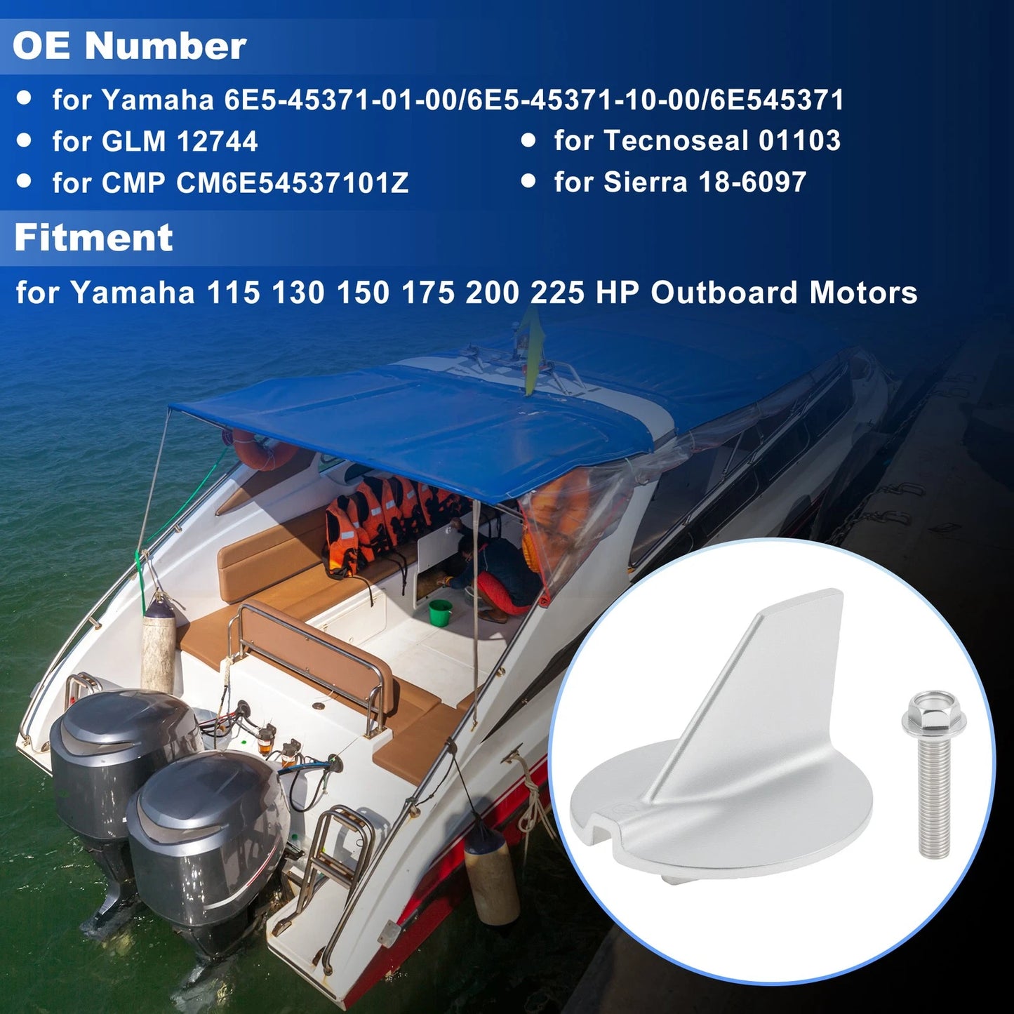 Trim Tab Anode Zinc for Yamaha 115-225 HP Outboard Motors