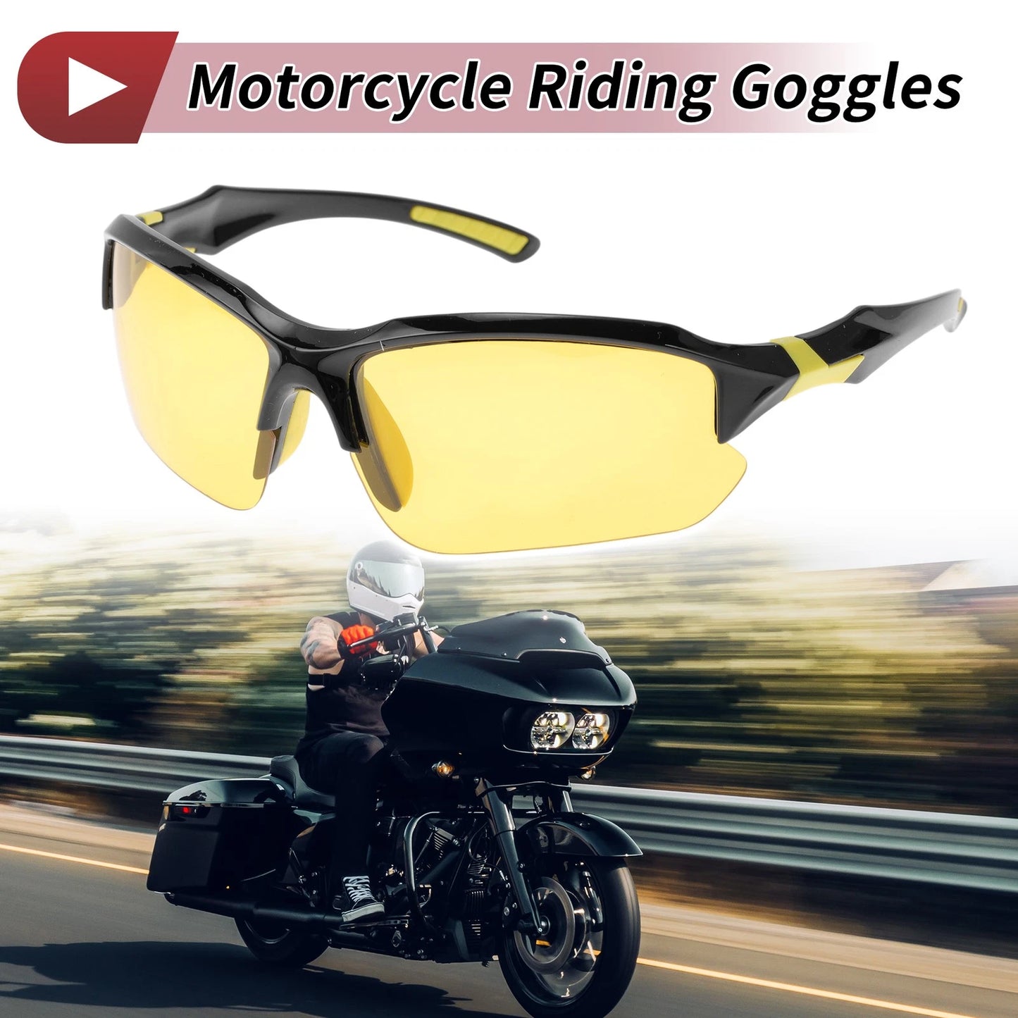 Motorcycle Riding Goggles Yellow Lens Black Frame Tri-acetel PC for Motorcycle
