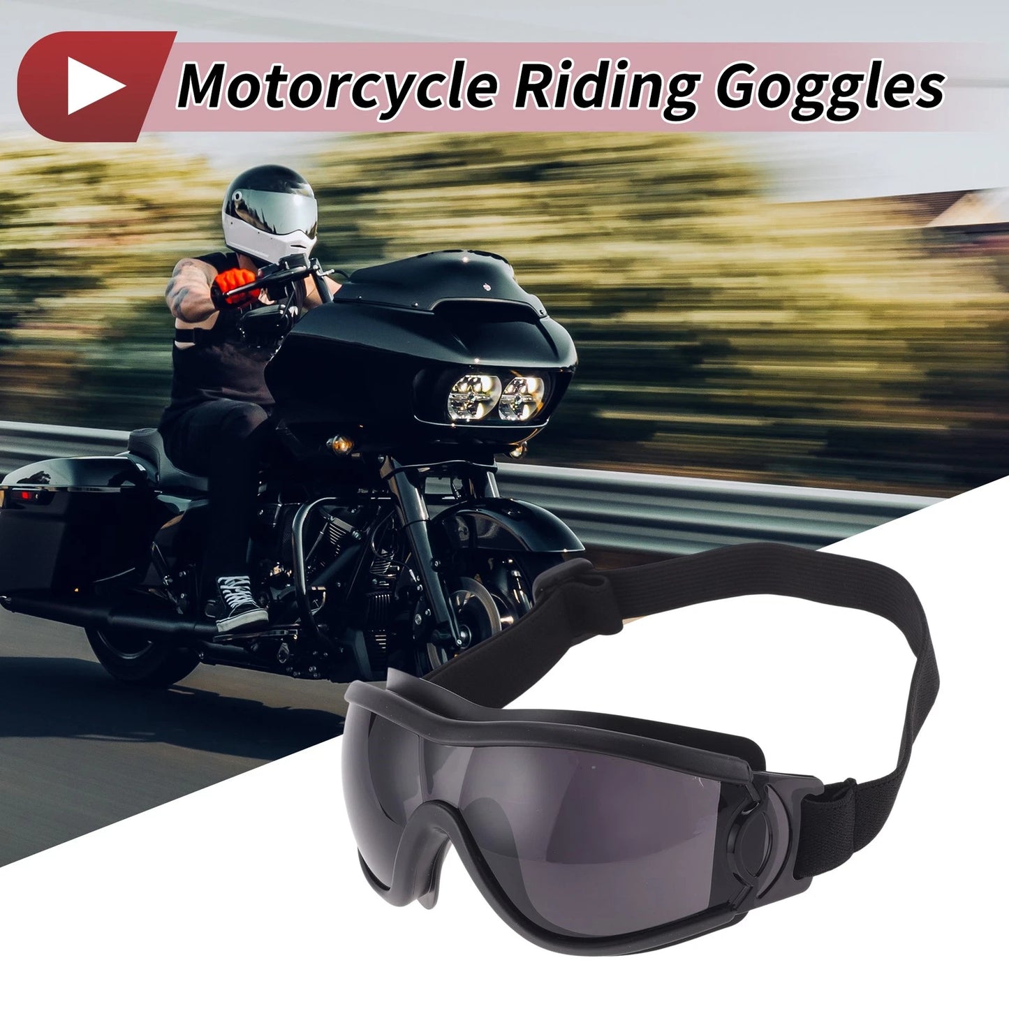 Motorcycle Riding Goggles Deep Gray Lens Black Frame PC PU Cycling Sunglasses